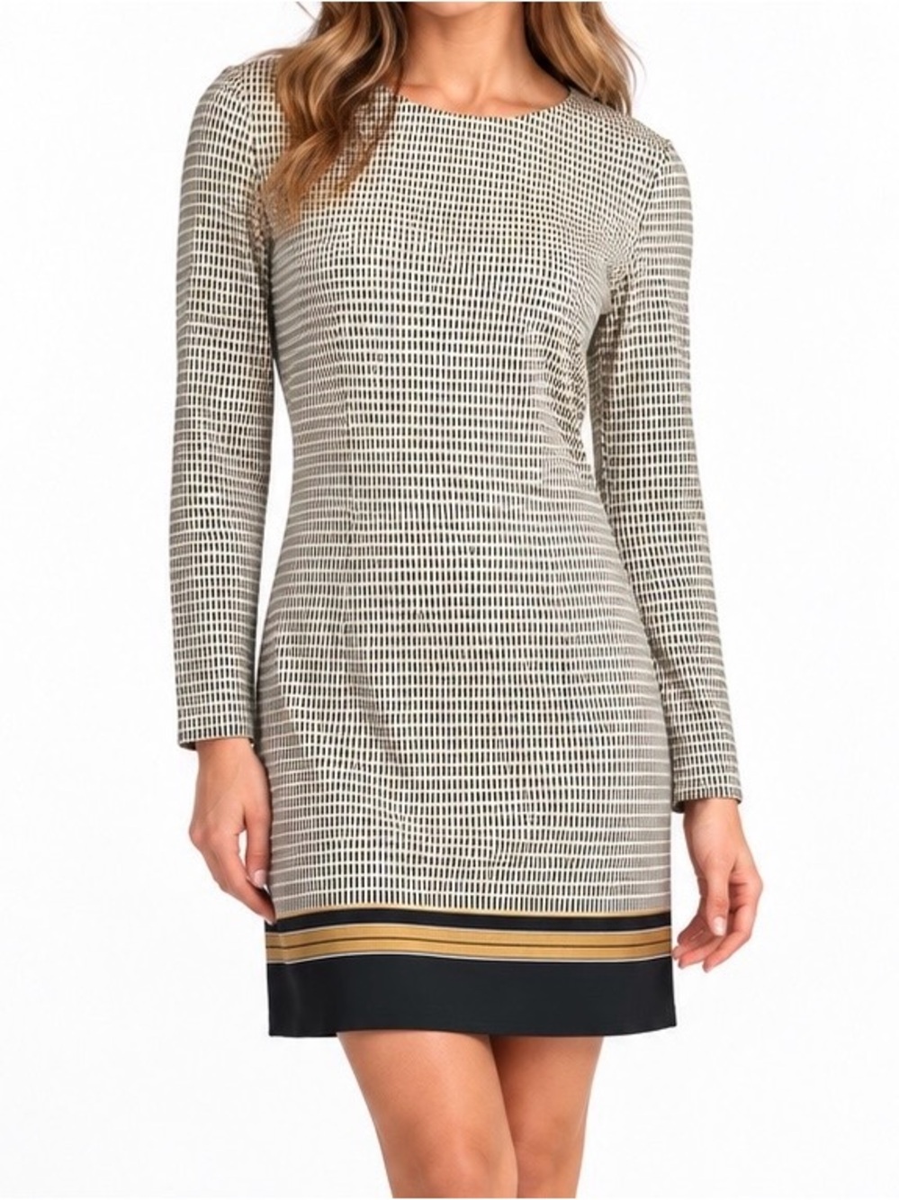 Julie Brown NYC Geometric Long Sleeve Shift Dress Black Cream Gold M